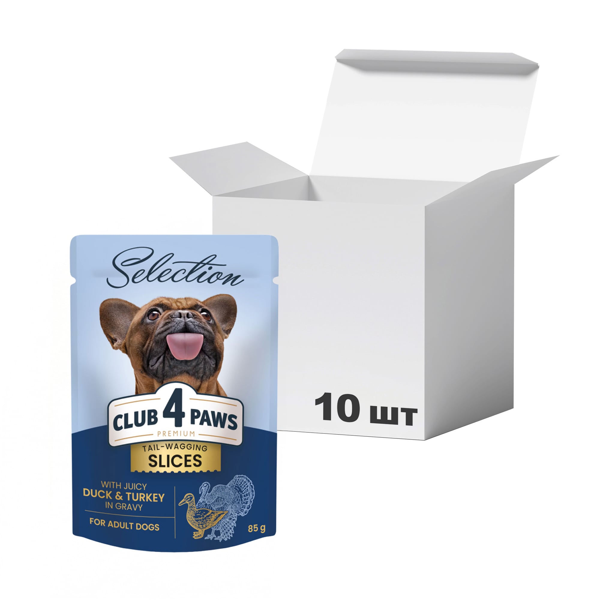 Упаковка вологого корму для дорослих собак малих порід Club 4 Paws Premium Selection з качкою та індичкою в соусі, 85 г * 10 шт